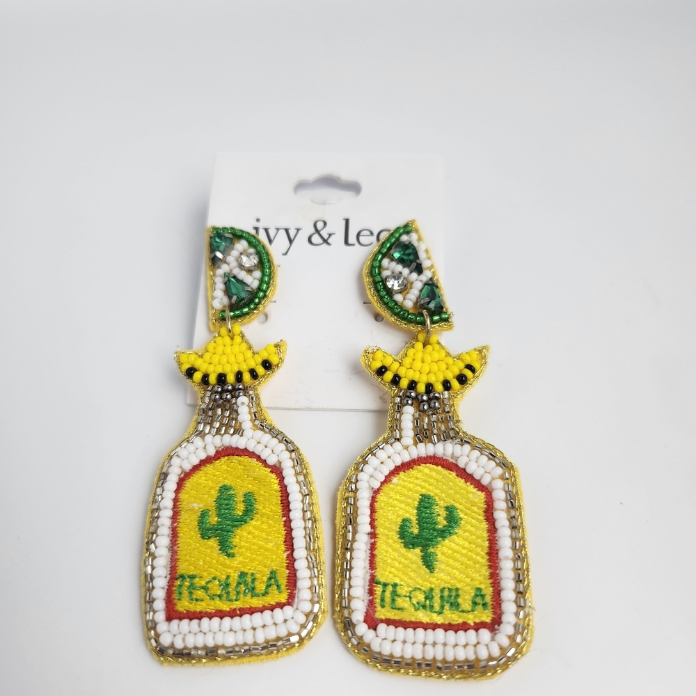 Beaded Tequila Bottle Earrings - Yellow and Green